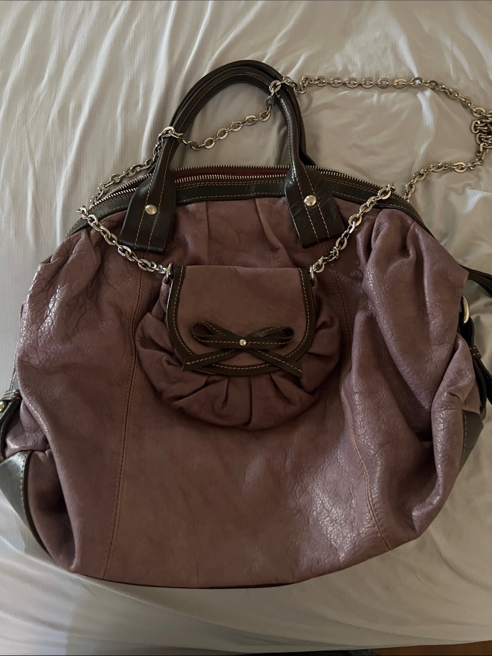 Nordstrom brand Stylish Mauve Tote with Chain and Bow Accent
